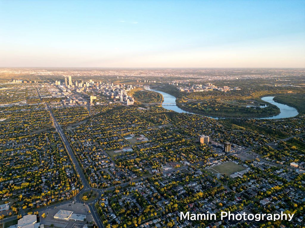Edmonton downtown buildings and river from sky by drone